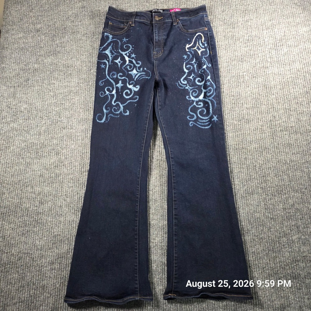 Faith Jeans Womens 14 Dark Wash Flare Leg Bleach Star Celestial Swirl Denim